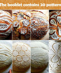 Collage of eight sourdough loaves with decorative scoring patterns (leaf, hexagon, flower designs).