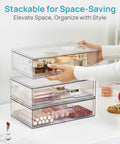 Clear Stackable Storage Drawers 2 Pack Wide Plastic Organizers for organizing cosmetics, 12.1w x 7.5d x 3.5h, space-saving design.