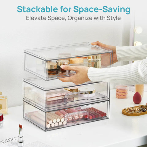 Clear Stackable Storage Drawers 2 Pack Wide Plastic Organizers for organizing cosmetics, 12.1w x 7.5d x 3.5h, space-saving design.