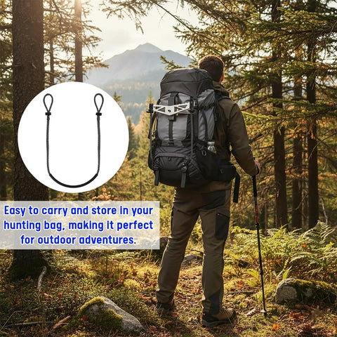 Hunter with backpack in forest, detail of 4 Pcs Climbing Stick Aiders For Hunting Daisy Chain Single Step Aider rope insert
