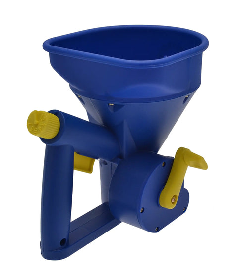 Spyker HHS100 Handheld Spreader For Lawn Care And Yard Work, 5 Lb Capacity, blue funnel design with yellow ergonomic handle