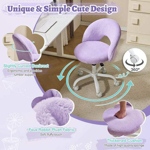 Cute Mini Vanity Chair With Faux Fur Wheels, displayed in a cozy room, showcasing a purple plush seat and 360-degree swivel capability.