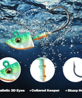 Straight Fire Swimbait Jig Heads With Realistic 3D Eyes And Tough High Carbon Steel Hooks In The Ten Pack For Saltwater Fishing showing detailed vibrant design underwater.