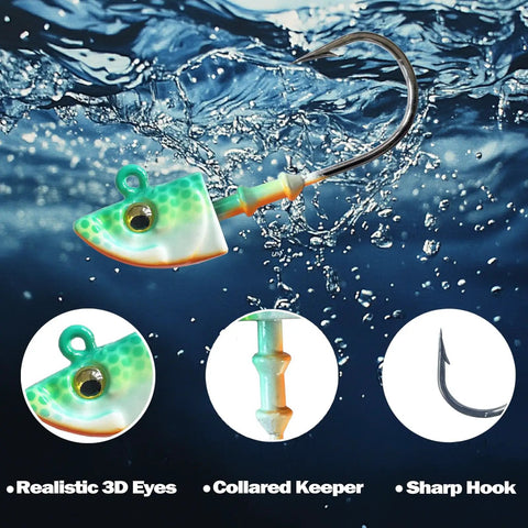 Straight Fire Swimbait Jig Heads With Realistic 3D Eyes And Tough High Carbon Steel Hooks In The Ten Pack For Saltwater Fishing showing detailed vibrant design underwater.