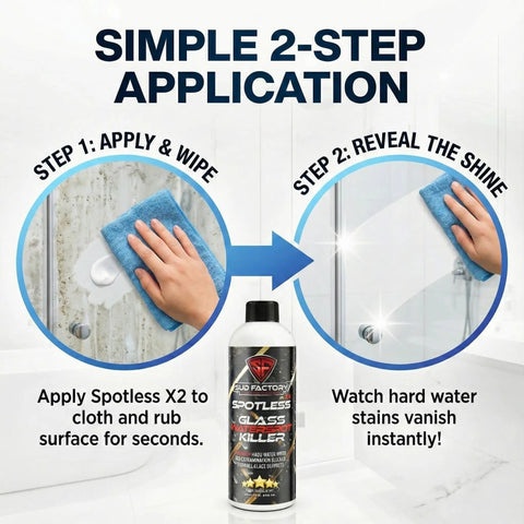 Simple 2-step application of Hard Water Spot Remover For Glass Spotless X2 No Scrubbing Easy On Shower Doors Car Windows And Windshields