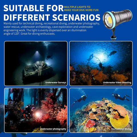 Scenes of scuba divers using 4000 Lumen Underwater Dive Light for photography and video, 6500K white plus blue and red light, 94 CRI.