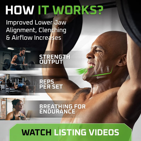 Man using 6DS Weightlifting Mouthpiece For More Reps And Strength, Align Your Jaw For Better Posture And Stronger Lifts, Perfect For Powerlifting Strongman Bodybuilding Calisthenics And General Gym Sessions Clear