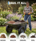 Heavy Duty Garden Wheelbarrow Cart With Dual Wheels And Built In Stand for hauling wood, mulch, gravel, and soil in garden