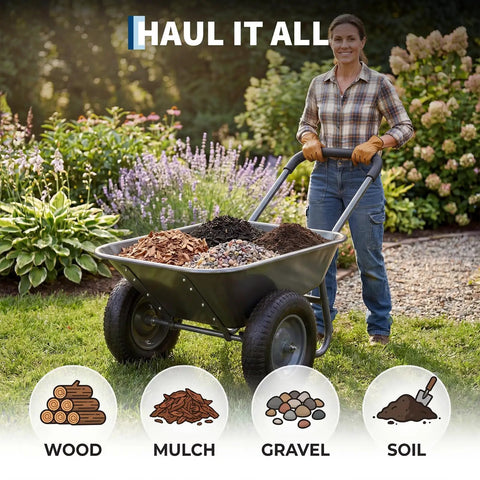 Heavy Duty Garden Wheelbarrow Cart With Dual Wheels And Built In Stand for hauling wood, mulch, gravel, and soil in garden