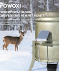 Beefy 12V Solar Panel For Deer Feeder Waterproof Battery Charger mounted on outdoor feeder with deer present