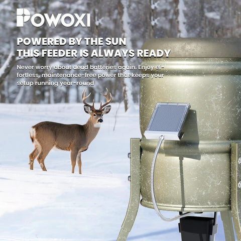 Beefy 12V Solar Panel For Deer Feeder Waterproof Battery Charger mounted on outdoor feeder with deer present