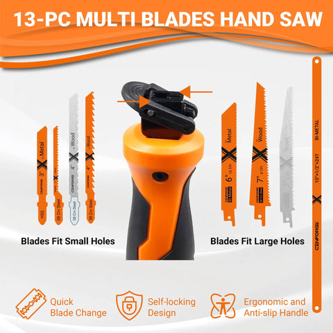 13 Piece Multi Purpose Hand Saw Set With Ergonomic Handle And 12 Assorted Blades For Wood Metal Drywall Plastic And Pruning