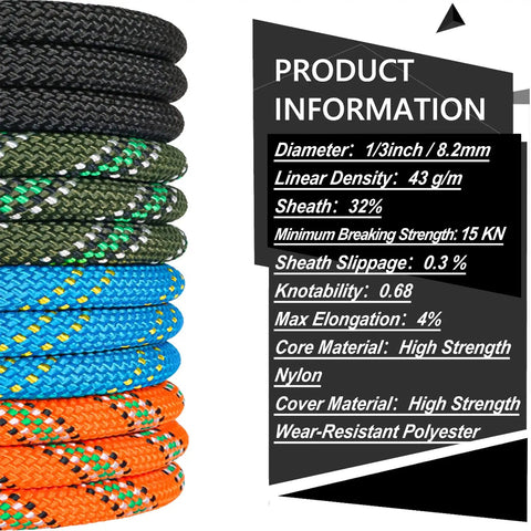 Image showing various colors of Beefy 8mm Static Climbing Rope With Two Steel Hooks For Outdoor Rappelling And Rescue In 10m 20m 30m Or 50m Lengths Perfect For Hiking Safety Escape And Adventure with product specifications.