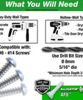 Alligator AF8 Flanged Anchor With Screws, Polypropylene, Made In USA, for size 8 to 14 fasteners, installation guide.