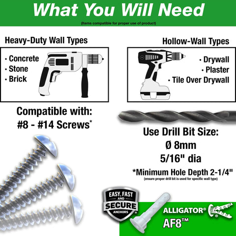 Alligator AF8 Flanged Anchor With Screws, Polypropylene, Made In USA, for size 8 to 14 fasteners, installation guide.