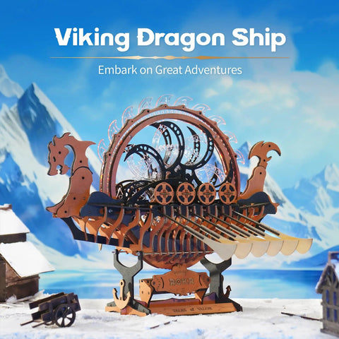 Viking Dragon Ship 3D Wooden Puzzle For Adults With LED Lights And Flywheel 12 Auto Paddles 3 Hour Build Model Kit display