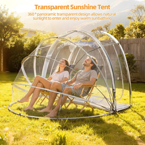 Clear Transparent Bubble Tent For Four People, Portable Camping Dome With Breathable Windows, shown in backyard setting