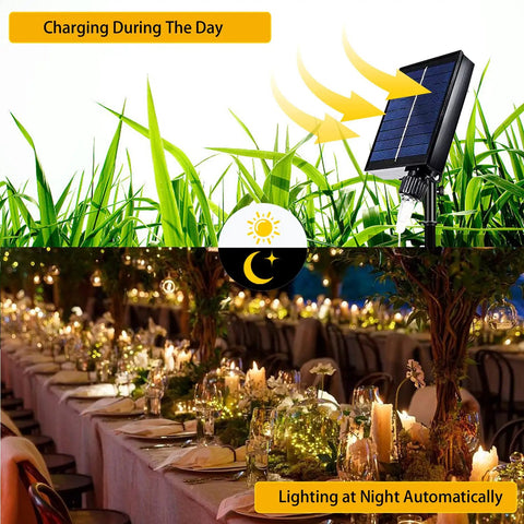 Two Pack 300 LED Solar Fairy Lights 108 Feet Outdoor Indoor Waterproof Twinkle String at garden event, solar panel shown.