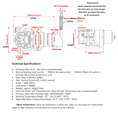 Technical diagram of 12V Self Priming Diaphragm Water Pump, 1.3 LPM at 30 PSI, dimensions, wiring, and specifications.