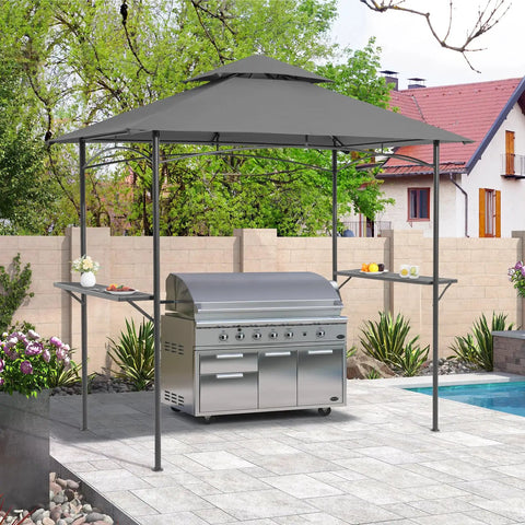 Grill Gazebo 8x5 Outdoor Patio Shelter With Double Tier Canopy, Rustproof Steel Frame And Bar Counters, Weatherproof Fabric