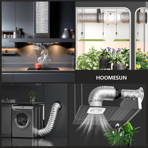 Heavy Duty Dryer Vent Hose 4 Inch Diameter 8 Foot Length Flexible Exhaust Ducting installed in kitchen and laundry room setups.