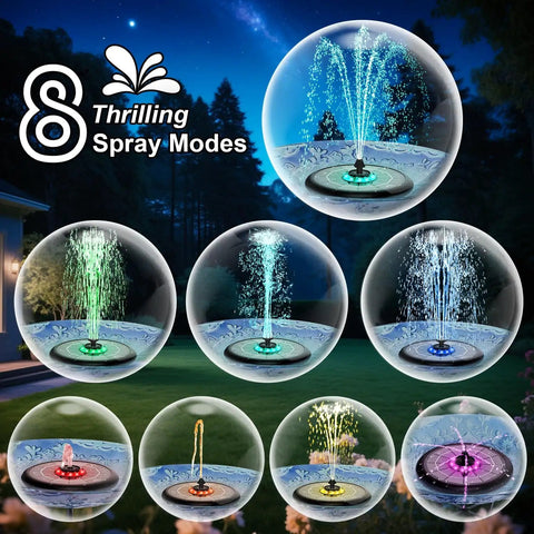 UFO Solar Fountain With Glass Panel Upgrade 2026, 5W Solar Panel Bird Bath Water Feature With LED Lights, 8 spray patterns