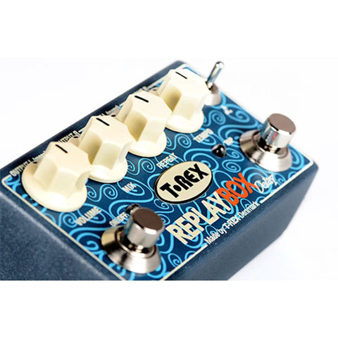 Replay Box Delay Guitar Effects Pedal With True Stereo Operation And Active Tap Tempo, Volume, Mix, Repeat And Subdivision Controls For Studio Quality Echo And Up To 3 Seconds Of Delay, blue stompbox with cream knobs