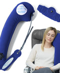 Ultimate Travel Neck And Body Pillow with Memory Foam and Velour Cover shown strapped to airplane seat for comfort.