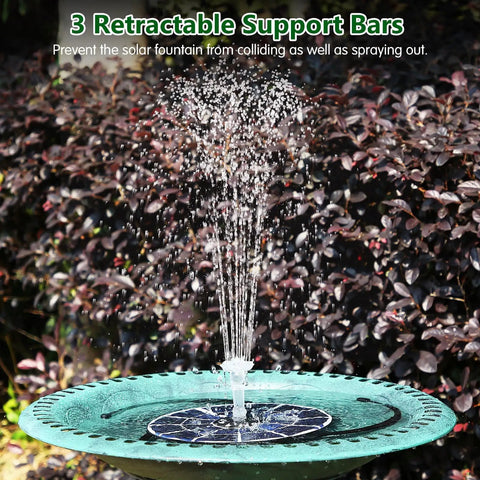 Colorful LED Solar Fountain Pump With 3000mAh Battery Remote Control 8 Nozzles Quiet Operation Outdoor Garden Pond Bird Bath Water Feature For Dope Nighttime Glow installed in a garden bird bath with water spray visible