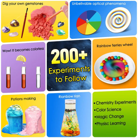 Image of 200 Plus Science Experiments Kit For Kids Learn Chemistry Physics Earth Science with experiments illustration.