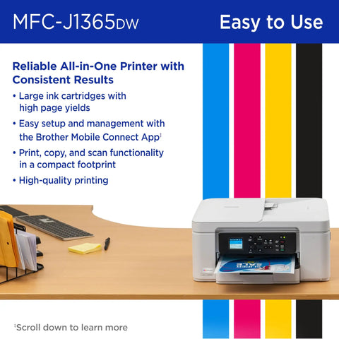Office desk with INKvestment 1365 Wireless Color Inkjet All In One Printer With Automatic Duplex Printing And 1.8 Inch Color Display.