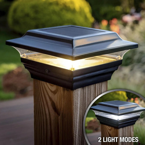 Black Solar Post Cap For 4x4 And 3.5x3.5 Posts With Auto On At Dusk showing warm and cool light modes on deck post