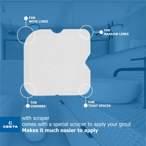 Tile Grout Repair Kit Squeeze Tube Fast Drying Waterproof Grout Paint to Restore and Renew Tile Joints for Bathroom Kitchen Shower Floor Tiles Grey 8.8 Oz With Precision Spatula and Easy Application for Diy Renovations showing specialized spatula for grout application.