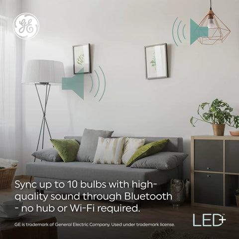 Living room showing Smart LED Plus Bluetooth Speaker For A21 Soft White Bulbs Sync Up To 10 Bulbs For Immersive Light And Dope Sound