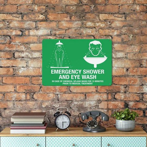 Emergency Shower And Eye Wash Outdoor Safety Sign For Chemical Hazards 8x12 Wall Plaque on brick wall