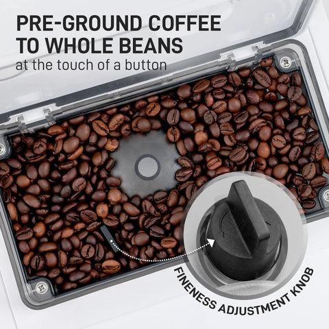 No Hassle Super Automatic Espresso Maker With Built In Grinder And Creamy Milk Frother, 19 Killer Drink Options Like Lattes And Cappuccinos, Self Cleaning Top Shelf Coffee Machine For Chill Mornings with whole coffee beans and fineness adjustment knob