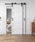 Double Sliding Barn Door Set 30x84 Inch White, 5-Panel MDF Sliding Doors With 6 Foot Bypass Hardware Kit installed in room