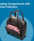 Hardcore Protection 15.6 Laptop Rolling Bag Multi Directional Spinner Wheels Water Resistant Executive Business Travel Case Wheeled Tote Roll Easy Black with pink compartment.