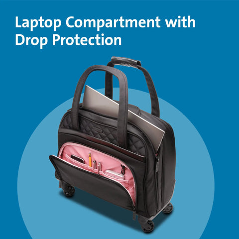 Hardcore Protection 15.6 Laptop Rolling Bag Multi Directional Spinner Wheels Water Resistant Executive Business Travel Case Wheeled Tote Roll Easy Black with pink compartment.