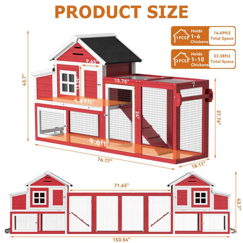 Diagram of extra large outdoor chicken coop with run and wheels for six to ten chickens, showcasing dimensions, mobile hen house design