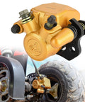 Front view of Rear Brake Caliper Go Kart Brake Kit With Beefy Performance Brake Pads for 50cc to 250cc ATVs installed on wheel