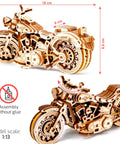 Cruiser V-Twin 3D Puzzle Kit for Adults, wooden motorcycle model with dimensions, assembly scale 1:13, no glue needed