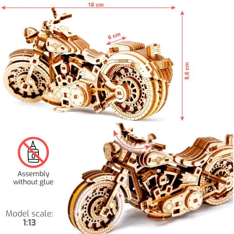 Cruiser V-Twin 3D Puzzle Kit for Adults, wooden motorcycle model with dimensions, assembly scale 1:13, no glue needed