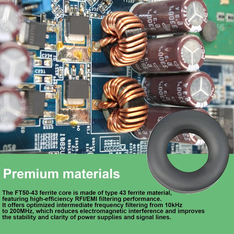 Ferrite Cores FT50-43 Pack Of 20 For Toroidal EMI Filters And Common Mode Inductors RF Suppressors on circuit board