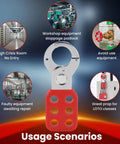 Front view of 12 Pack Lockout Hasps Kit With Extended Jaw Steel Tamper Proof Loto Hasps For Safety Lockout, red with 6 holes.