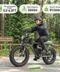 Rider on All Terrain Electric Bike With 750W Motor For A Smooth Cruise At 25 MPH 50 Mile Range 20 Inch Fat Tires, in forest trail.