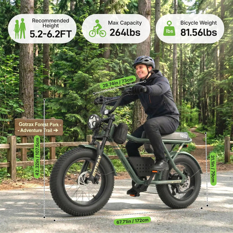 Rider on All Terrain Electric Bike With 750W Motor For A Smooth Cruise At 25 MPH 50 Mile Range 20 Inch Fat Tires, in forest trail.