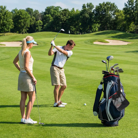 Golfers on a green with a golf bag, emphasizing the Two Pack Golf Ball Storage Bags Nylon Mesh Pouches With Drawstring Organizer.