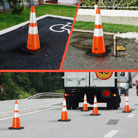 8 Pack 28 Inch Traffic Safety Cones With Heavy Weighted Base And Reflective 360 Degree Collars For Parking Lots, Road Work, And Construction Sites