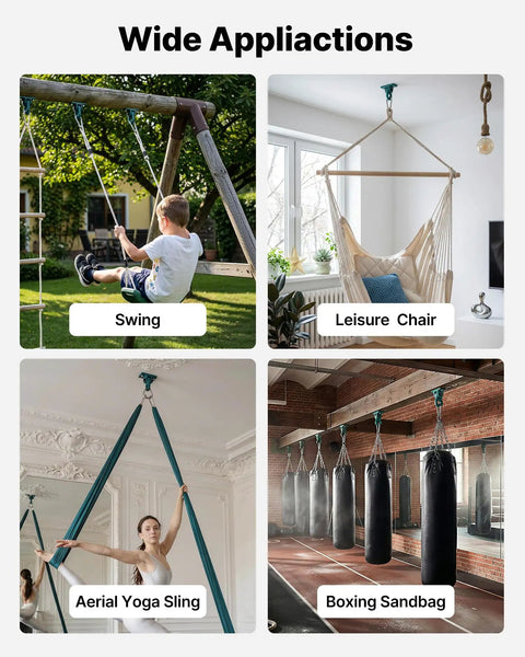 Four Pack Heavy Duty Swing Hangers With Screws And Bolts Included For Indoor Outdoor Use Up To 1250 Lbs Each displayed in various applications